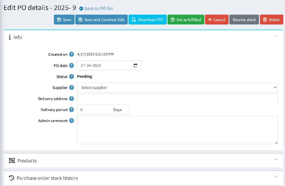 Edit purchase order screen for Purchase Order Inventory Management